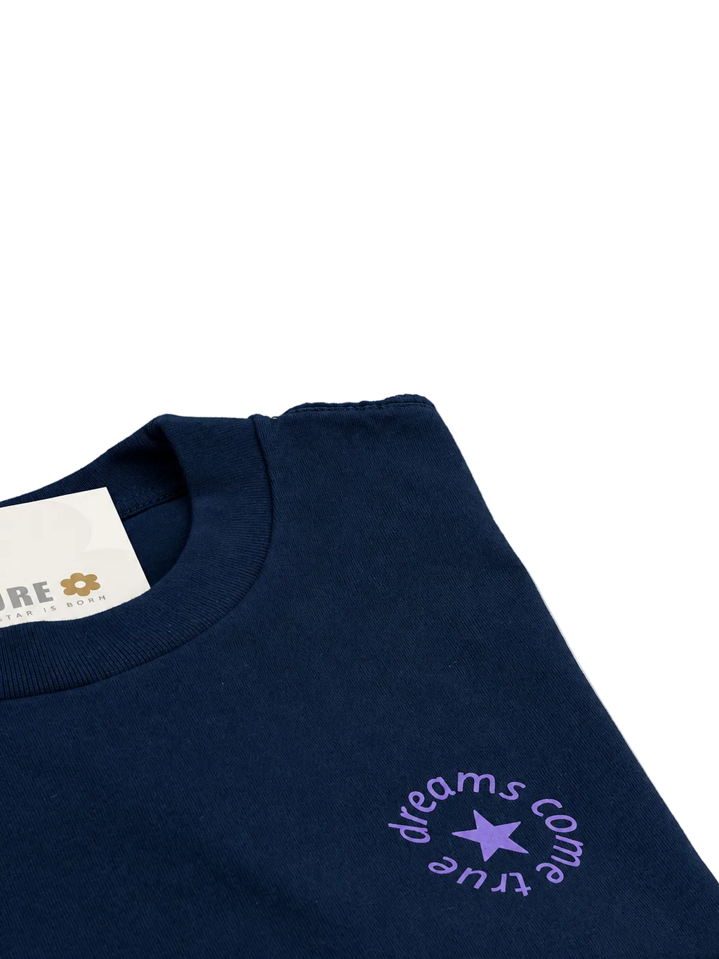 MORE AMORE Boxy T-Shirt Marine Blue – Kragen- und Printdetail