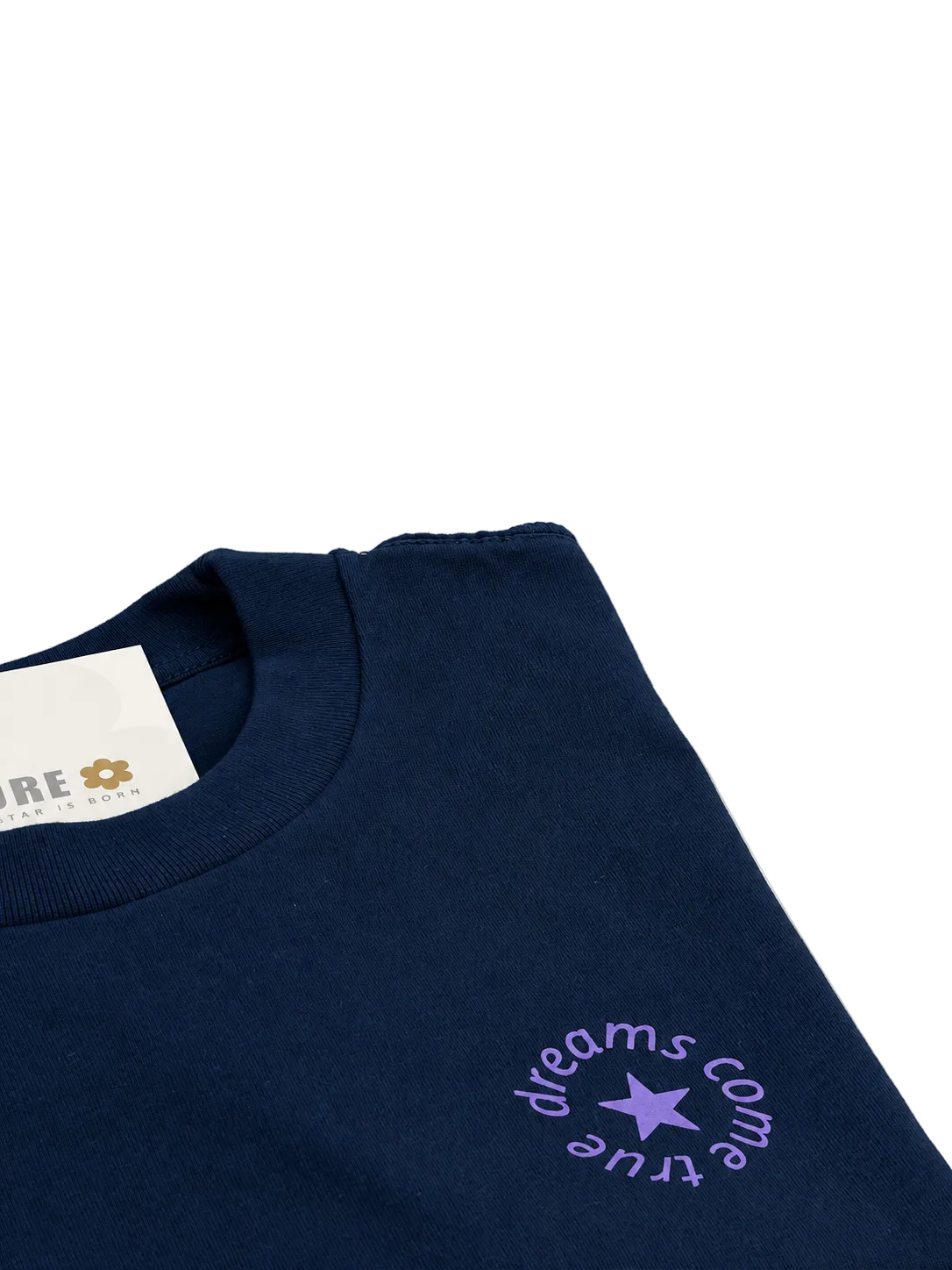 MORE AMORE Boxy T-Shirt Marine Blue – Kragen- und Printdetail