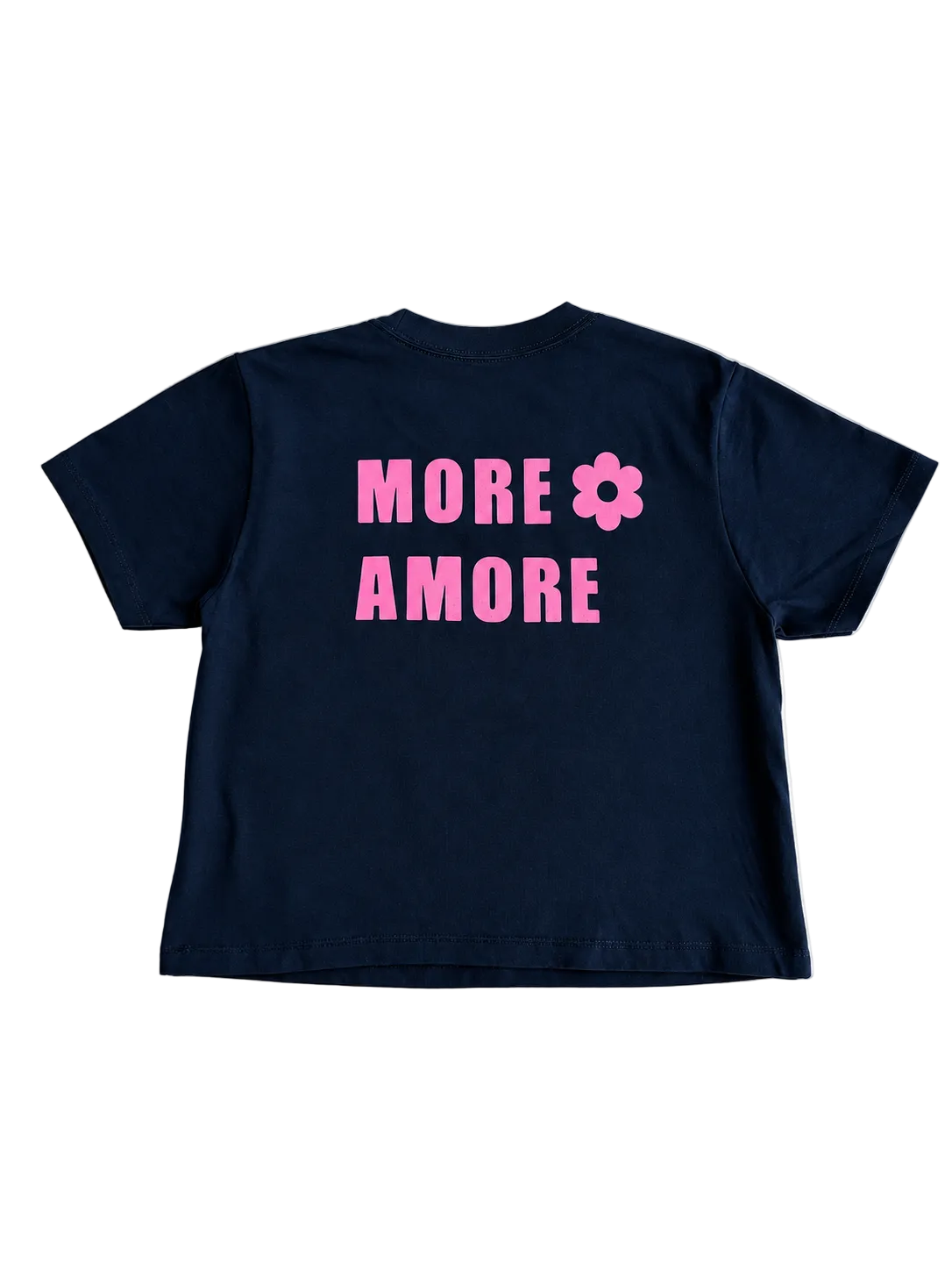 MORE AMORE Boxy T-Shirt Marine Blue – vollständige Rückansicht mit Pink Backprint