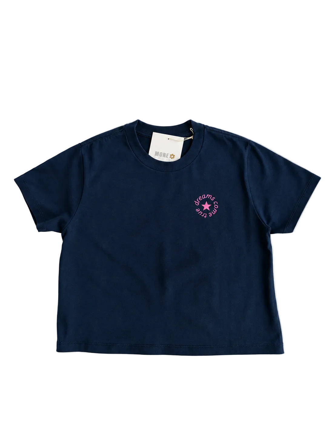 MORE AMORE Boxy T-Shirt Marine Blue – vollständige Vorderansicht mit kleinem Pink Print