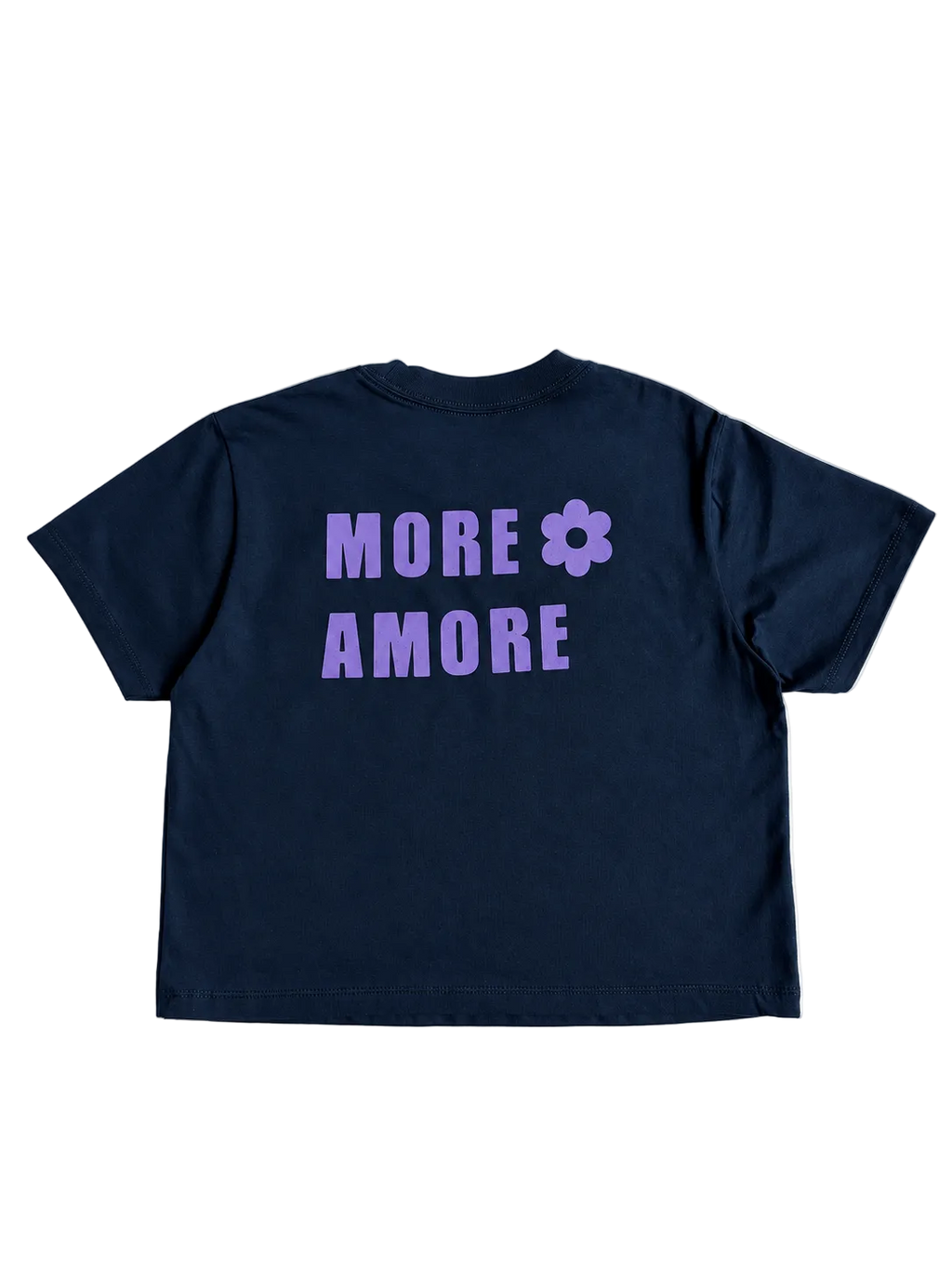 MORE AMORE Boxy T-Shirt Marine Blue – vollständige Rückansicht mit Purple Backprint