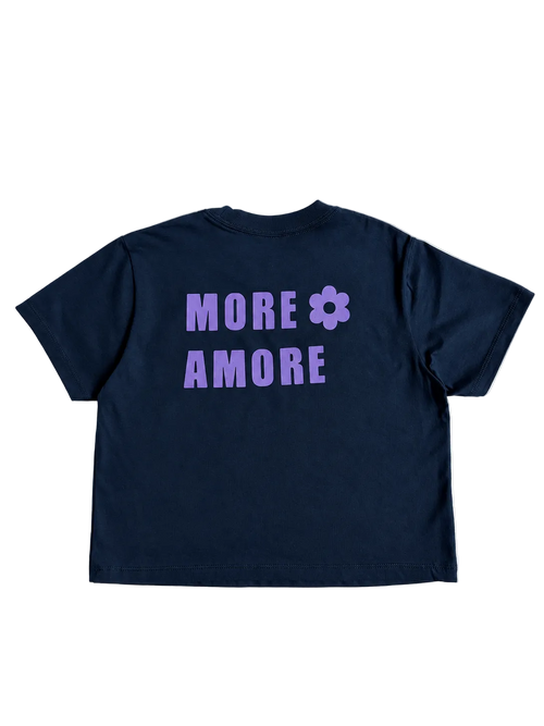 MORE AMORE Boxy T-Shirt Marine Blue – vollständige Rückansicht mit Purple Backprint