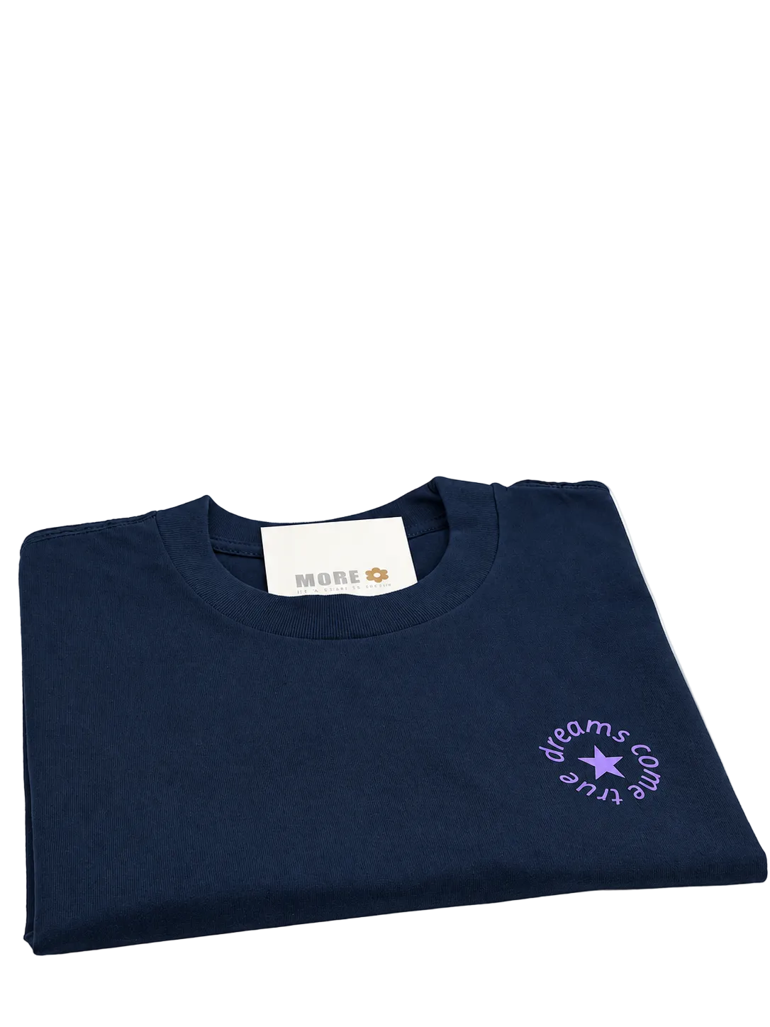 MORE AMORE Boxy T-Shirt Marine Blue – gefaltete Vorderansicht mit kleinem Purple Print