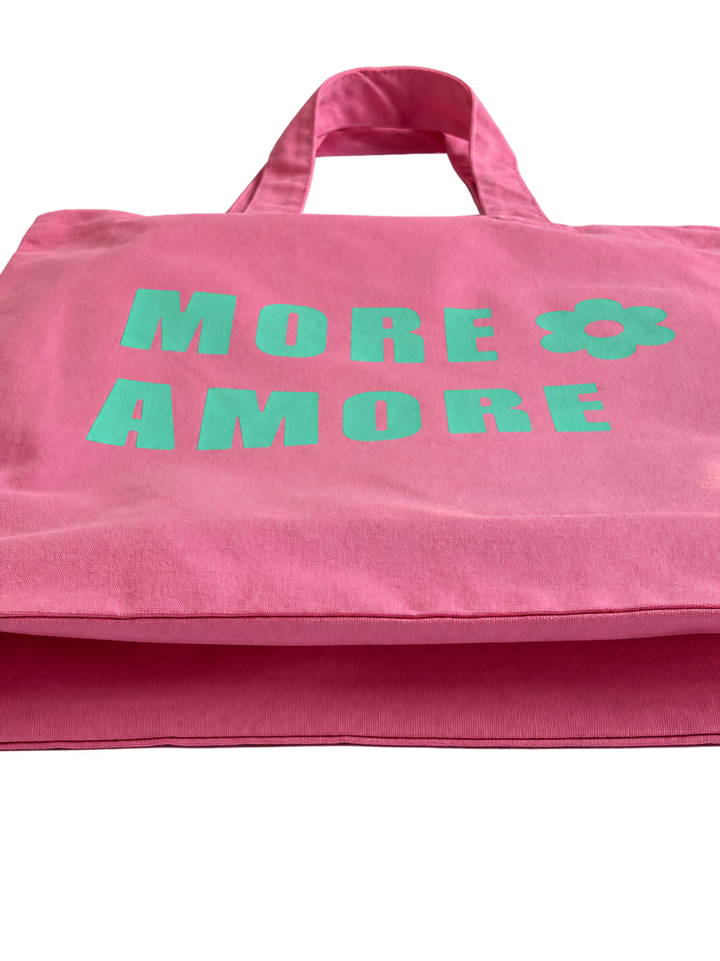 MORE AMORE Mid Tote Bag Bubble Pink Mint – Bodenfalte und Canvas-Struktur freigestellt