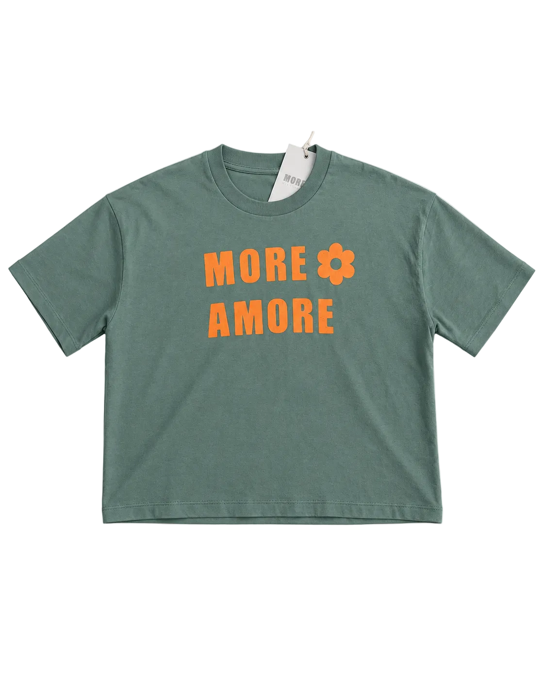 MORE AMORE Muted Sage Cropped T-Shirt – offene Vorderansicht