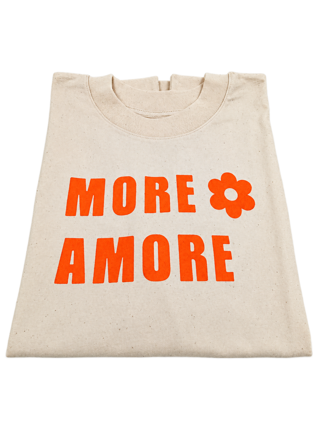 MORE AMORE Natural Raw Heavyweight Oversized T-Shirt – gefaltet, Frontprint Orange