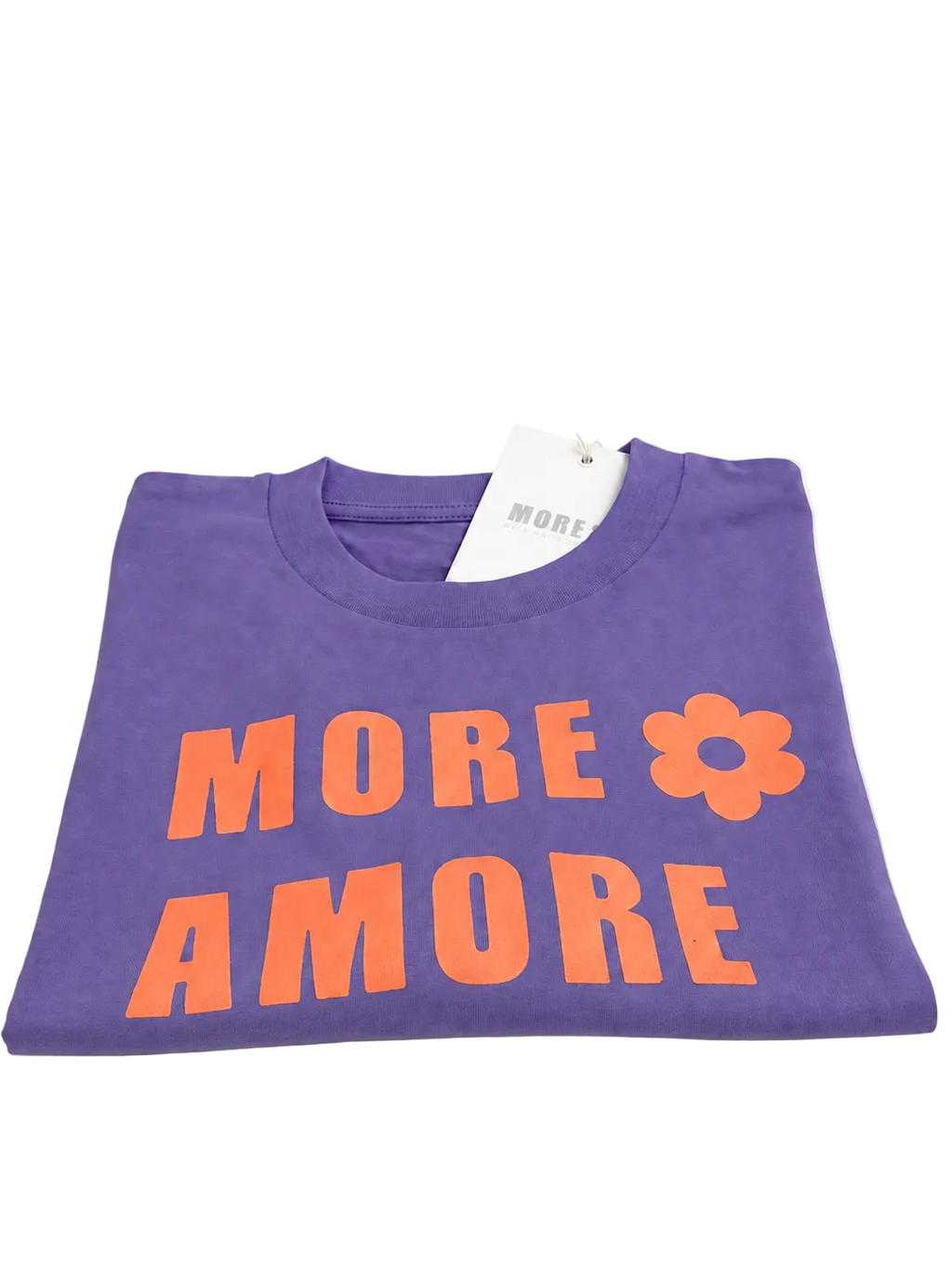 MORE AMORE Purple Cropped T-Shirt mit orangefarbenem Frontprint