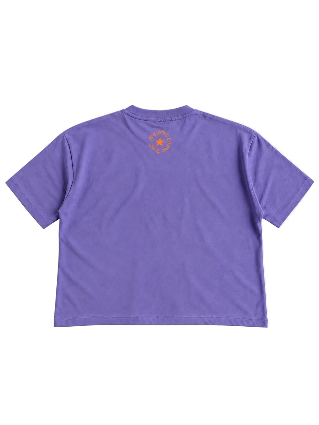 MORE AMORE Purple Cropped T-Shirt – offene Rückansicht mit orangefarbenem Nackendruck