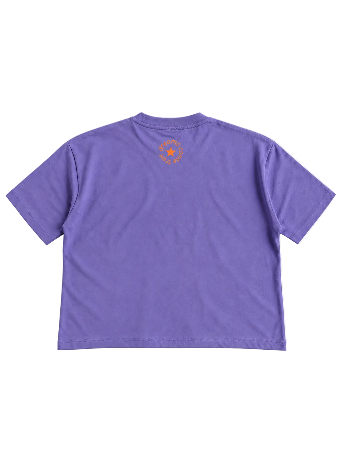 MORE AMORE Purple Cropped T-Shirt – offene Rückansicht mit orangefarbenem Nackendruck