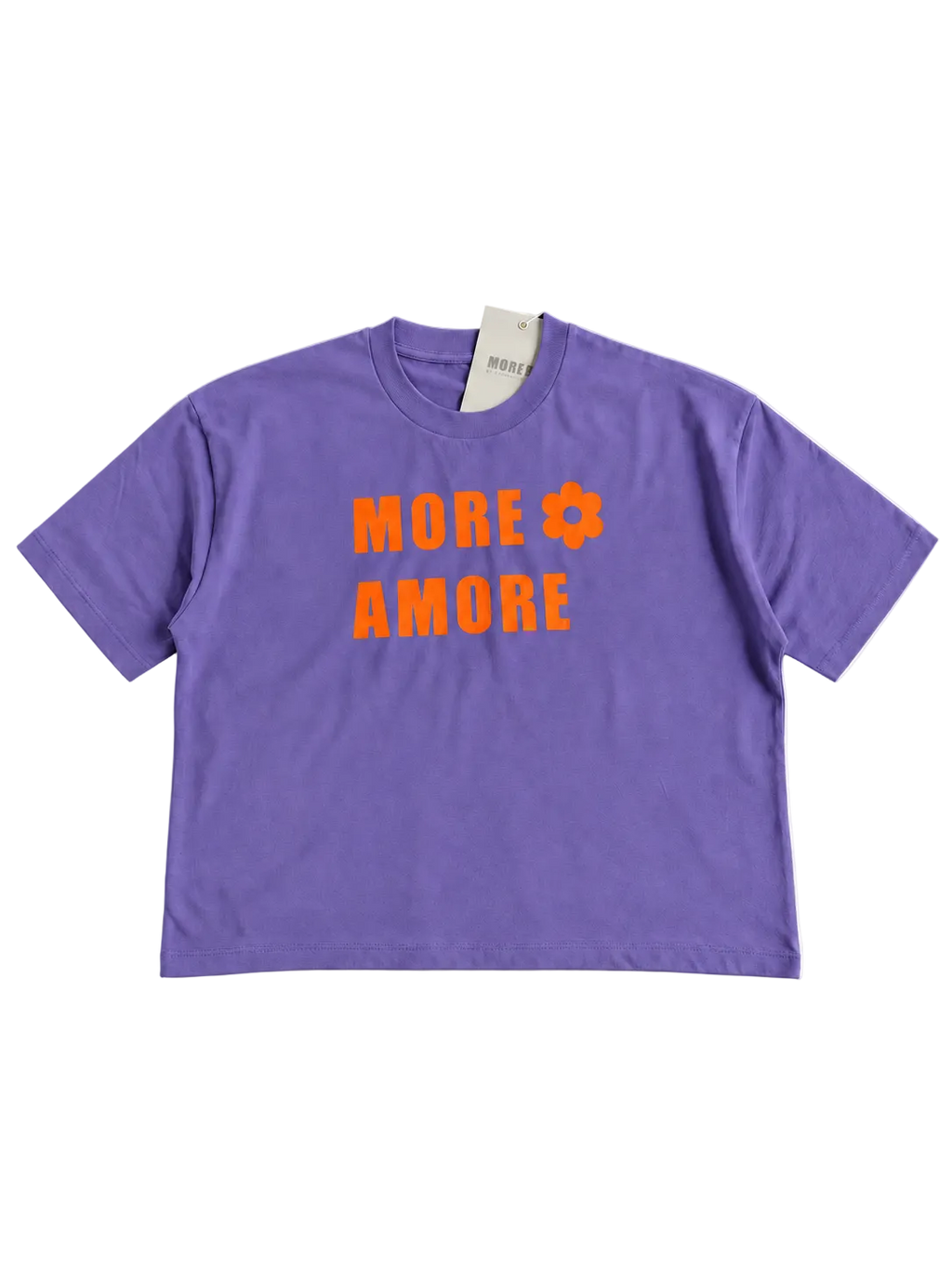 MORE AMORE Purple Cropped T-Shirt – offene Vorderansicht mit orangefarbenem Frontprint