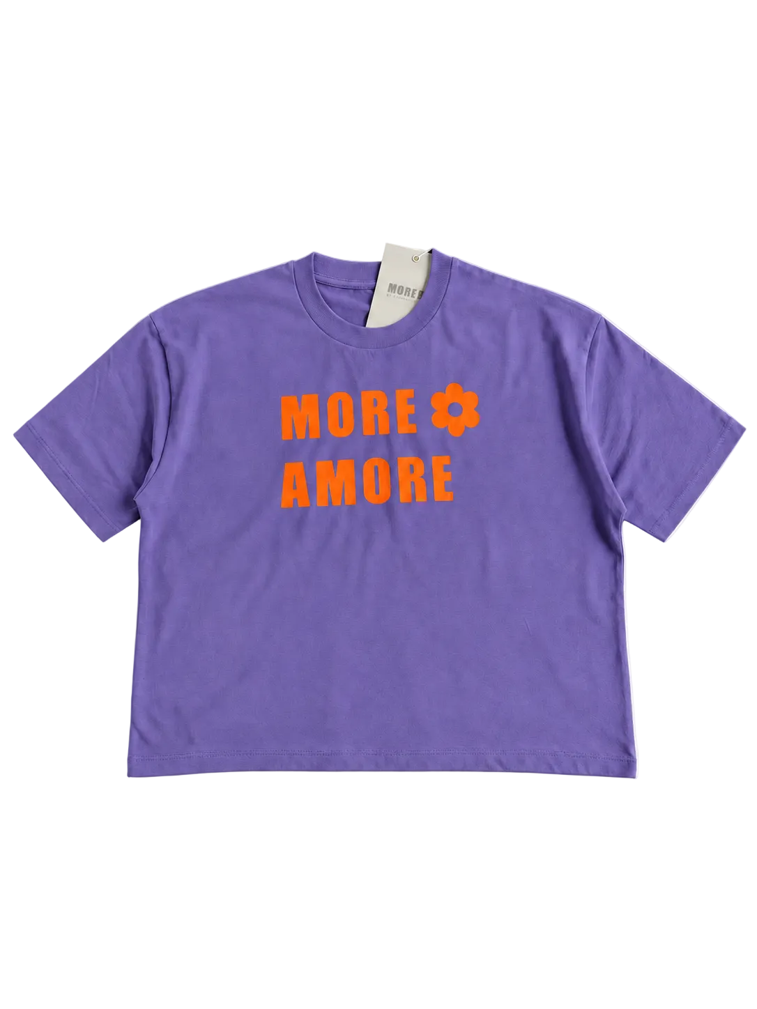 MORE AMORE Purple Cropped T-Shirt – offene Vorderansicht mit orangefarbenem Frontprint
