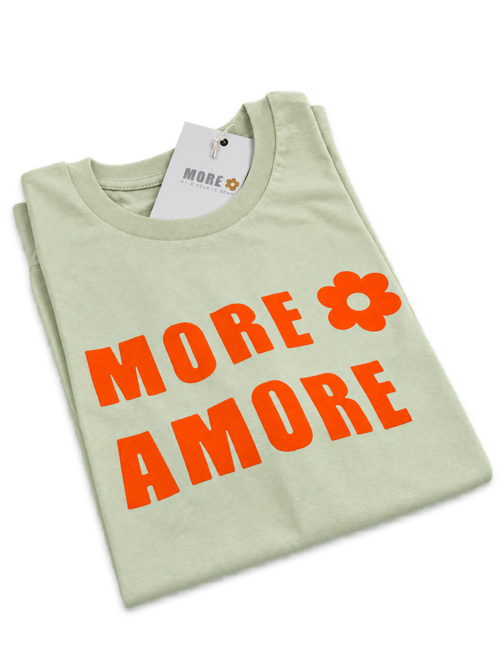 MORE AMORE Stem Green Unisex T-Shirt mit neonorangem Frontprint – Perspektivansicht