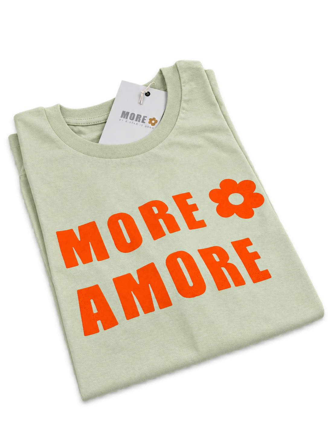 MORE AMORE Stem Green Unisex T-Shirt mit neonorangem Frontprint – Perspektivansicht