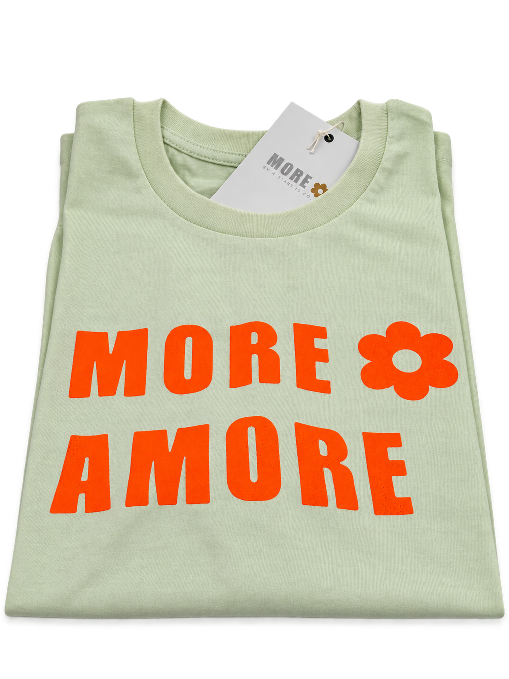 MORE AMORE Stem Green Unisex T-Shirt mit neonorangem Frontprint – Vorderansicht
