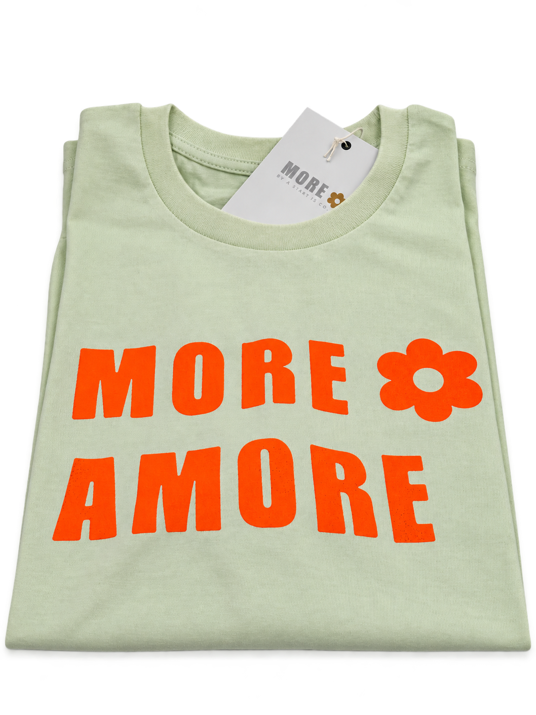 MORE AMORE Stem Green Unisex T-Shirt mit neonorangem Frontprint – Vorderansicht