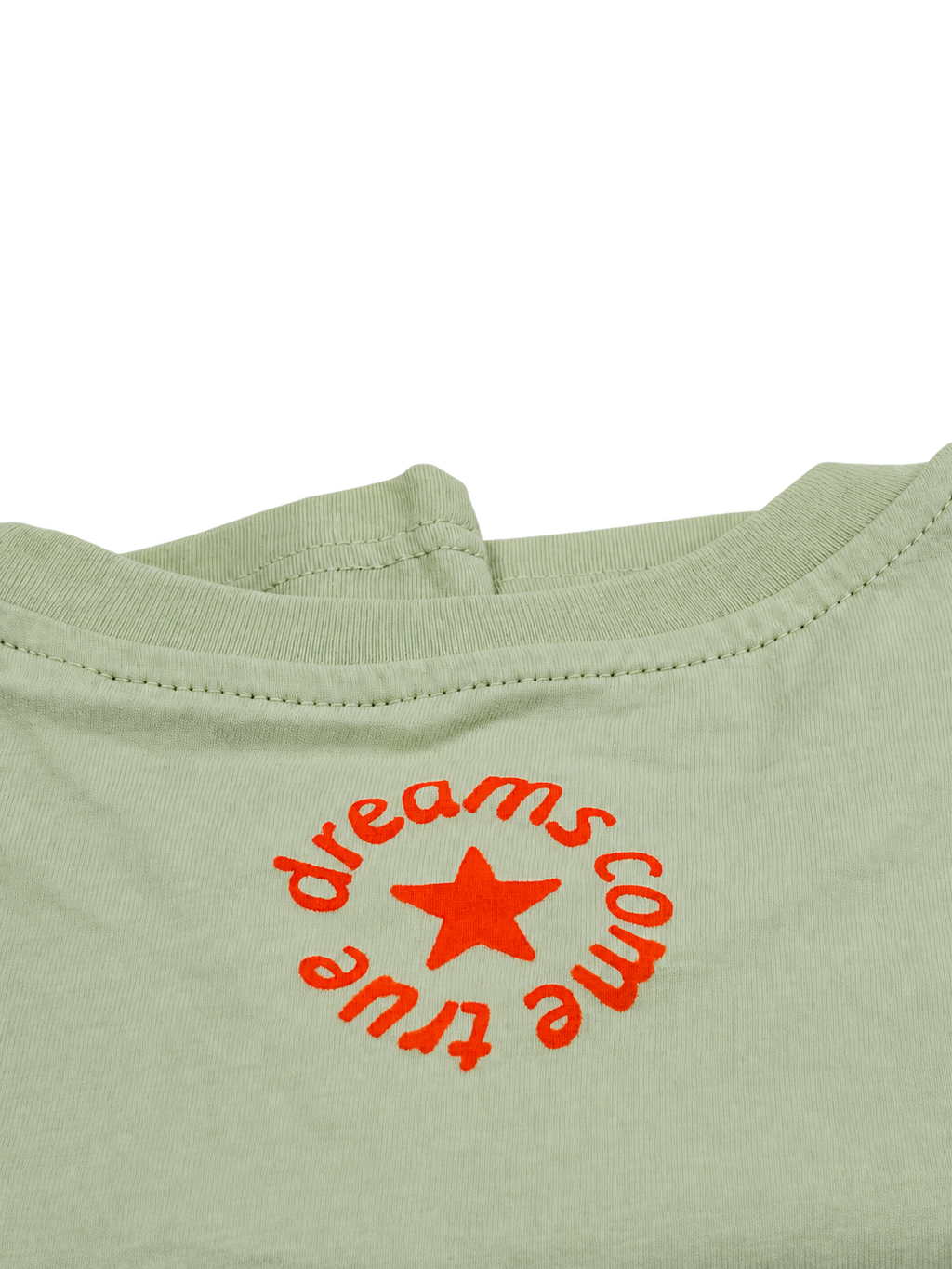 MORE AMORE Stem Green Unisex T-Shirt – Detailansicht des neonorangenen Rückenprints