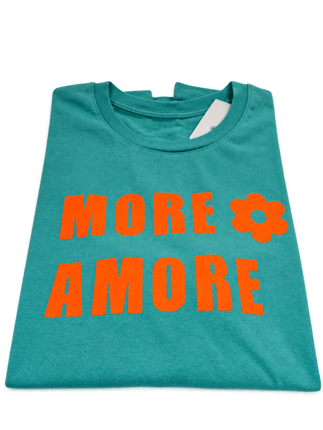 MORE AMORE Teal Monstera Unisex T-Shirt mit neonorangem Frontprint – Vorderansicht