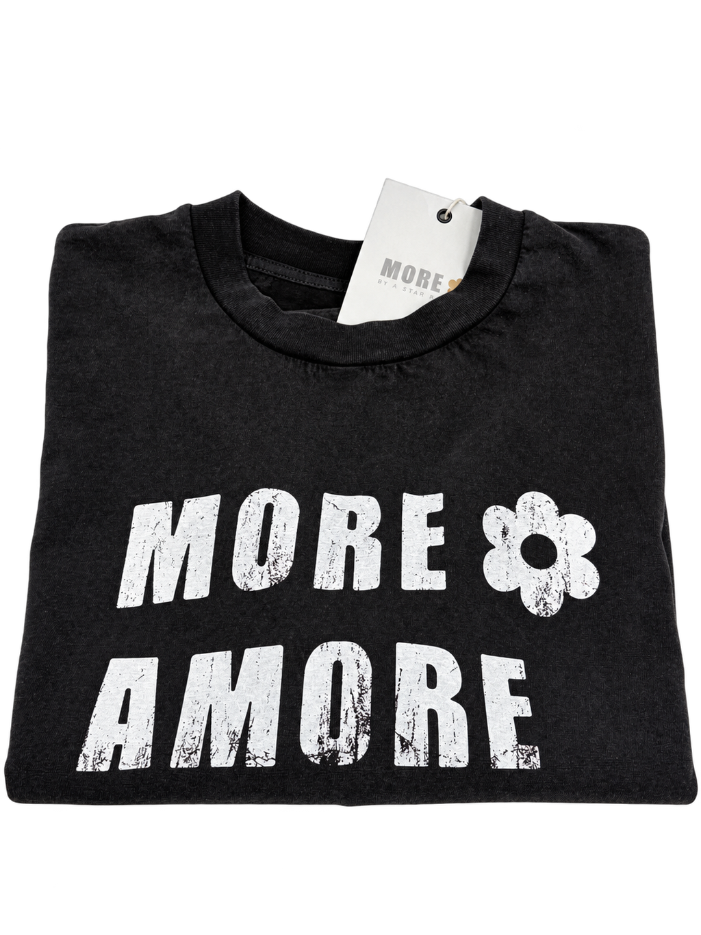MORE AMORE Vintage Black Cropped T-Shirt – gefaltete Vorderansicht mit weißem Frontprint