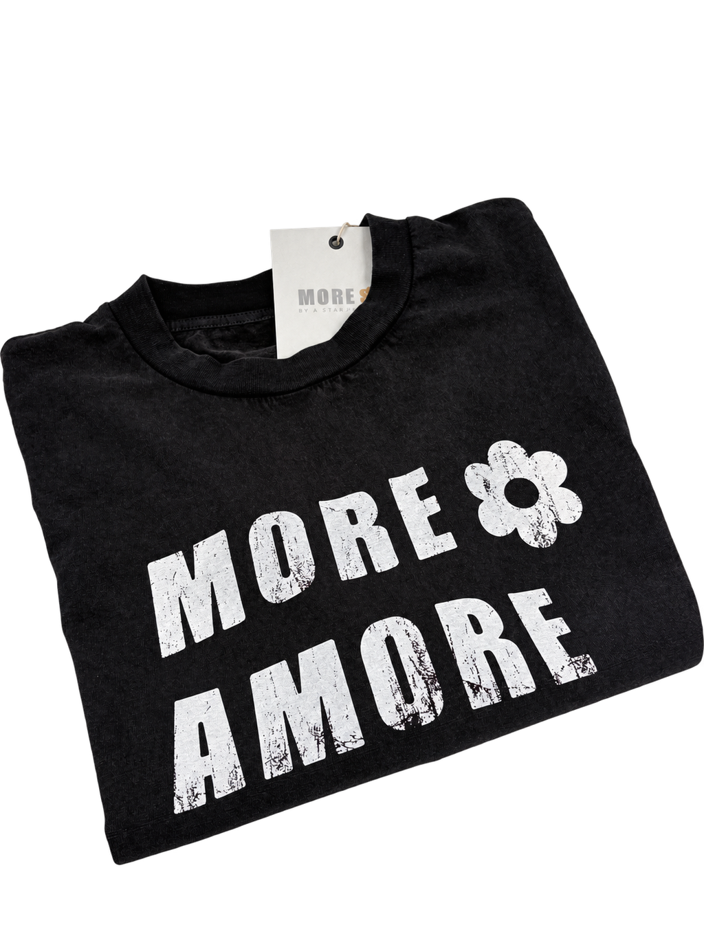 MORE AMORE Vintage Black Cropped T-Shirt – gefalteter weißer Frontprint in Perspektive