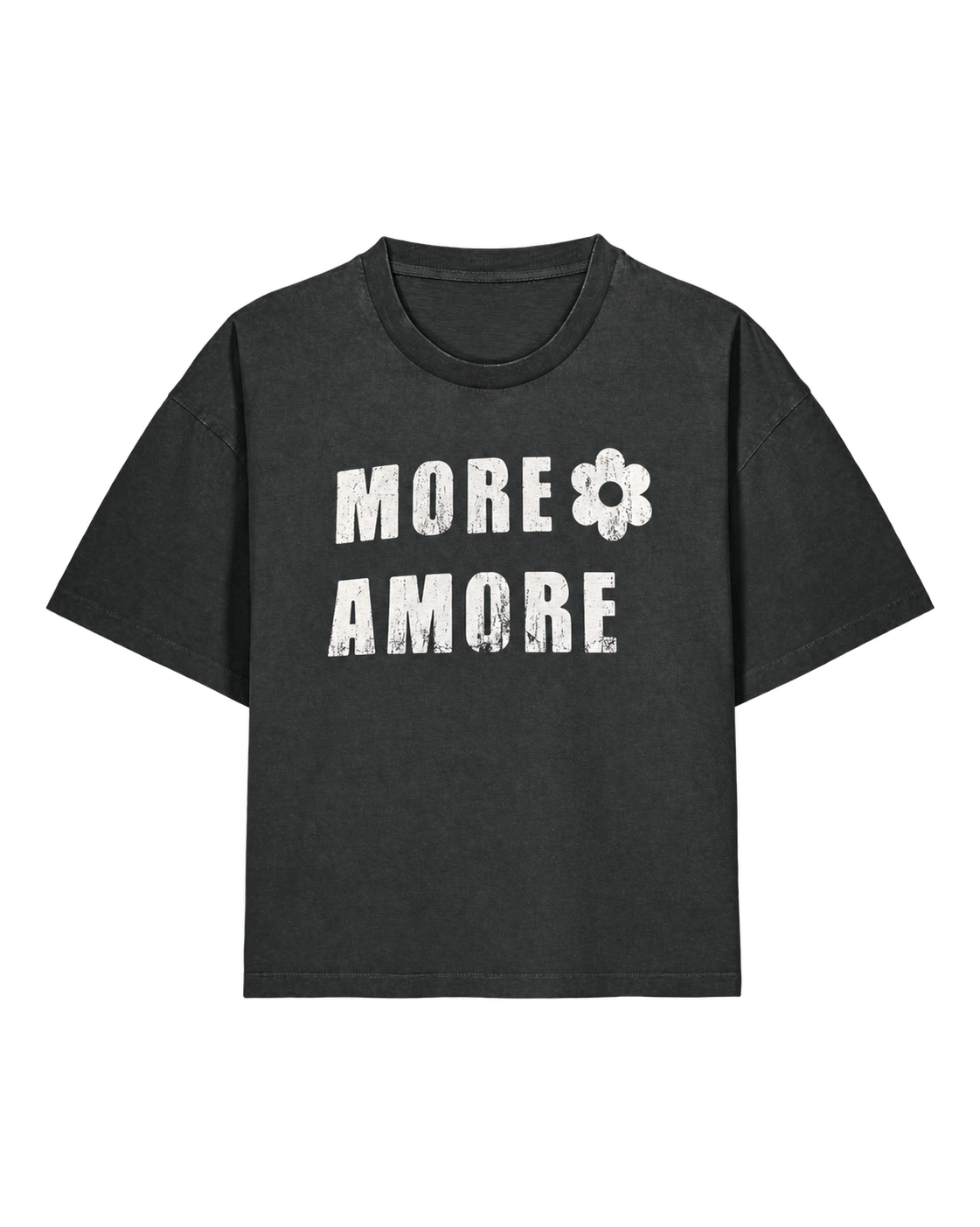 MORE AMORE Vintage Black Cropped T-Shirt – vollständige Vorderansicht mit weißem Frontprint