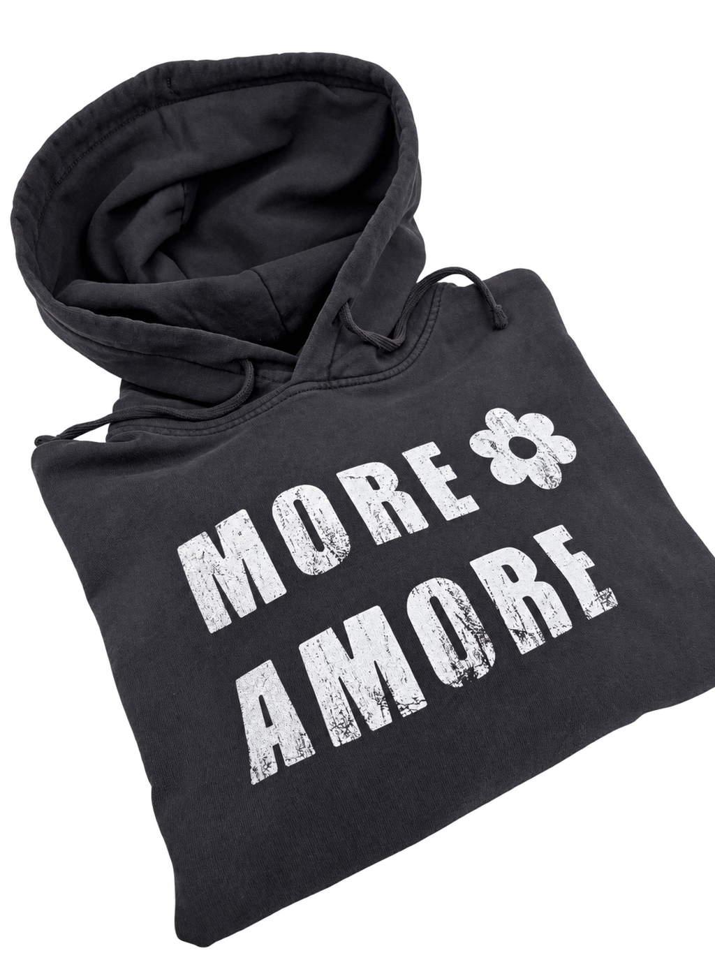 MORE AMORE Vintage Black Raw White Damen-Hoodie – Gefaltete Detailansicht mit Frontprint