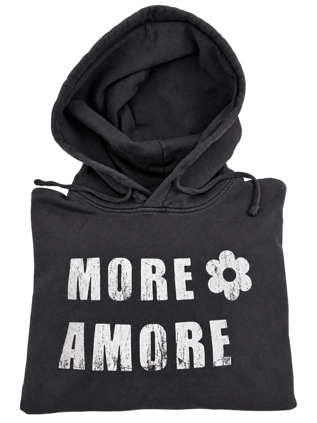 MORE AMORE Vintage Black Raw White Damen-Hoodie – Gefaltete Frontansicht mit Kapuze