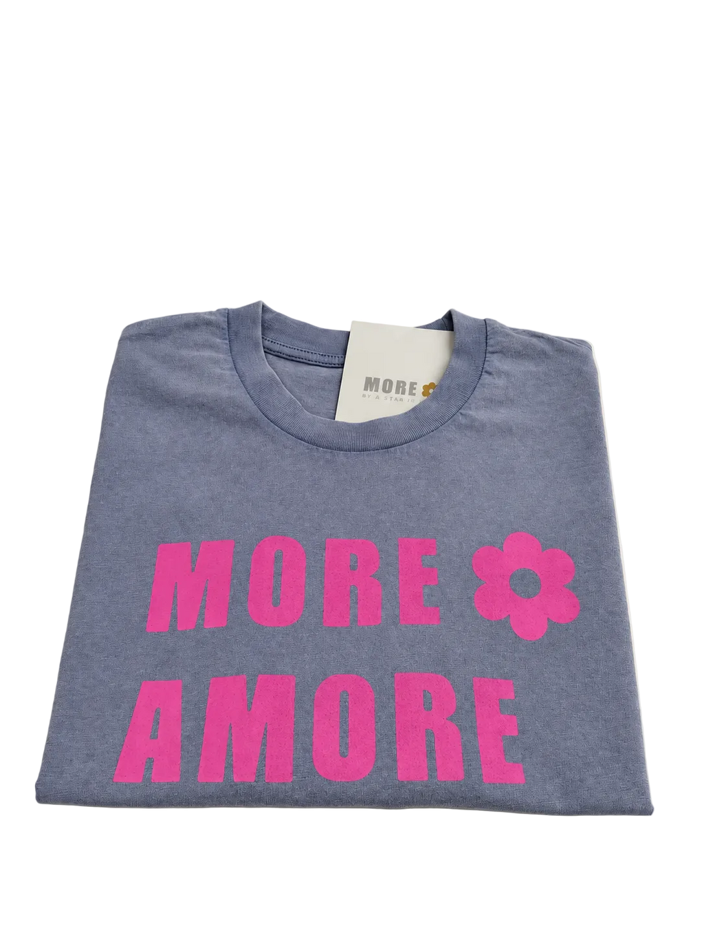 MORE AMORE Vintage Blue Cropped T-Shirt – gefaltete Vorderansicht mit Pink Frontprint