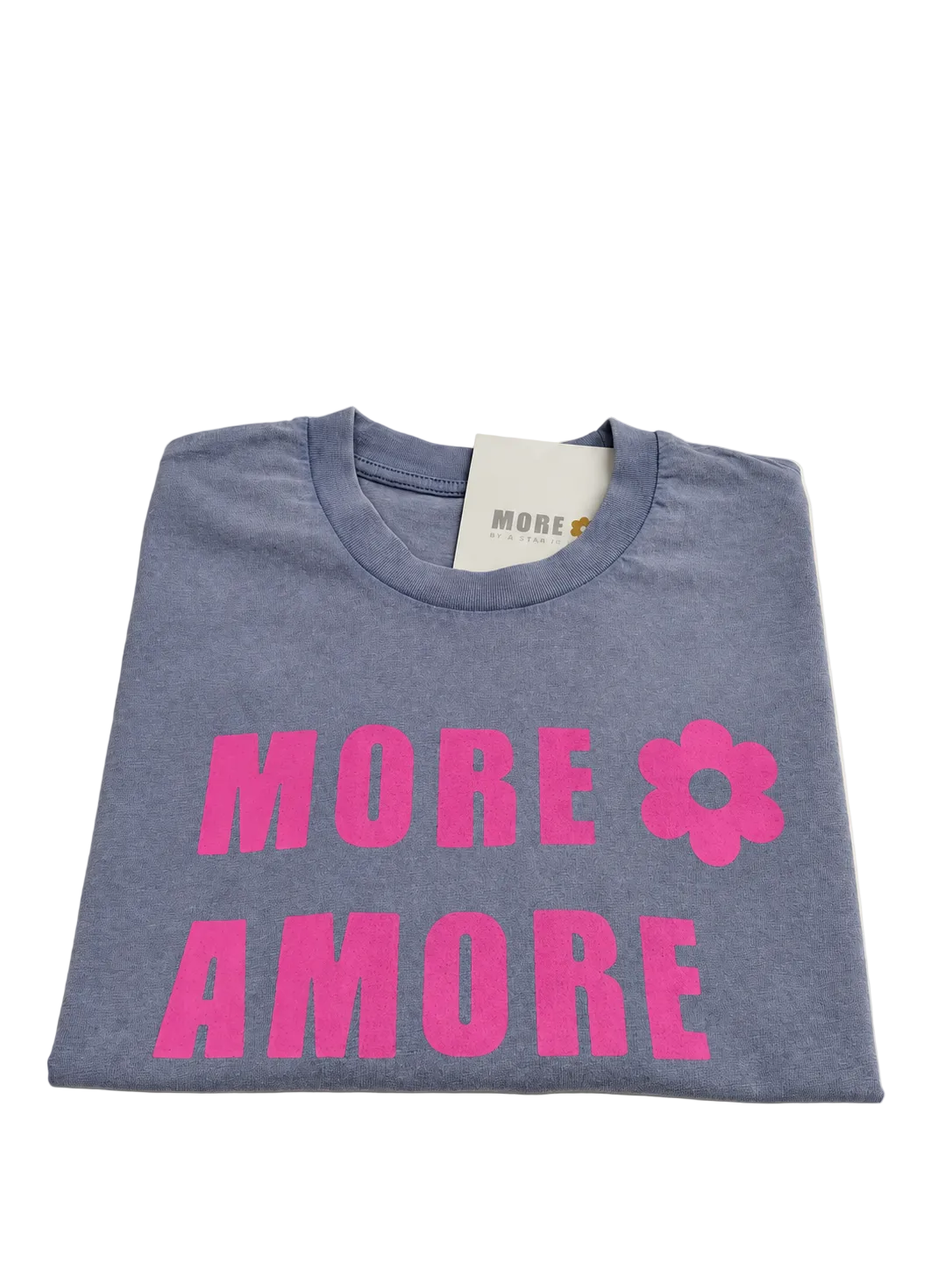 MORE AMORE Vintage Blue Cropped T-Shirt – gefaltete Vorderansicht mit Pink Frontprint