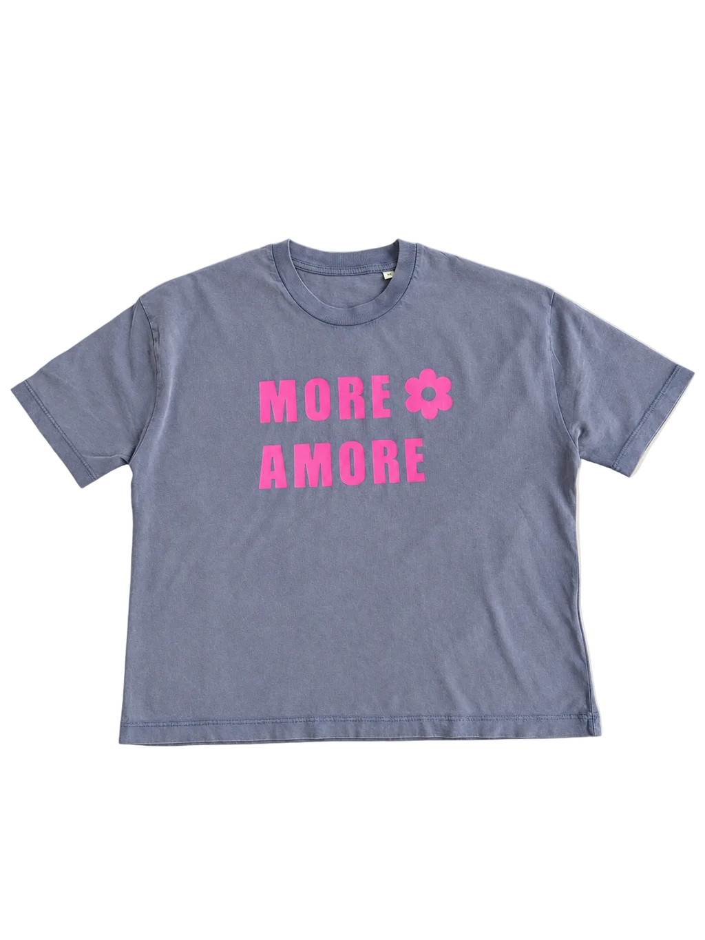 MORE AMORE Vintage Blue Cropped T-Shirt – Vorderansicht mit handgedrucktem Pink Frontprint