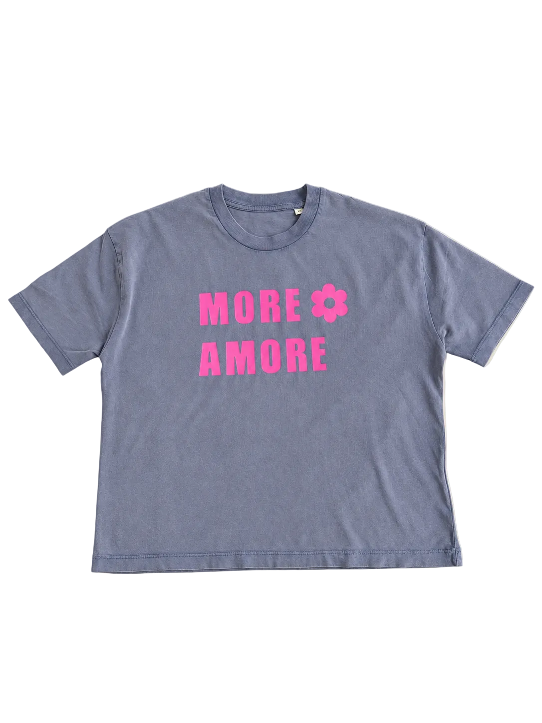 MORE AMORE Vintage Blue Cropped T-Shirt – Vorderansicht mit handgedrucktem Pink Frontprint