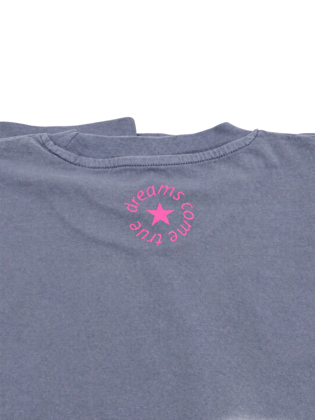 MORE AMORE Vintage Blue Cropped T-Shirt – Detailansicht des Pink Nackenprints