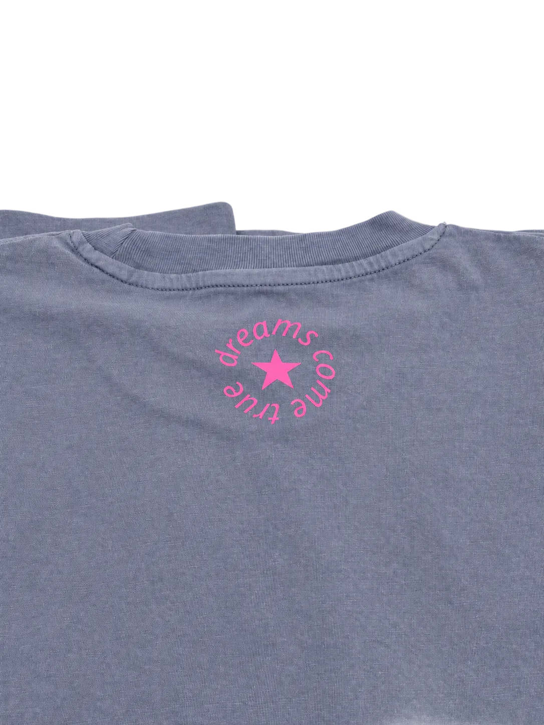 MORE AMORE Vintage Blue Cropped T-Shirt – Detailansicht des Pink Nackenprints