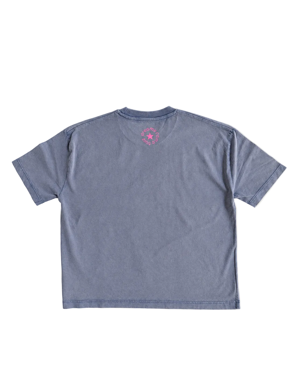 MORE AMORE Vintage Blue Cropped T-Shirt – Rückansicht mit Pink Nackenprint