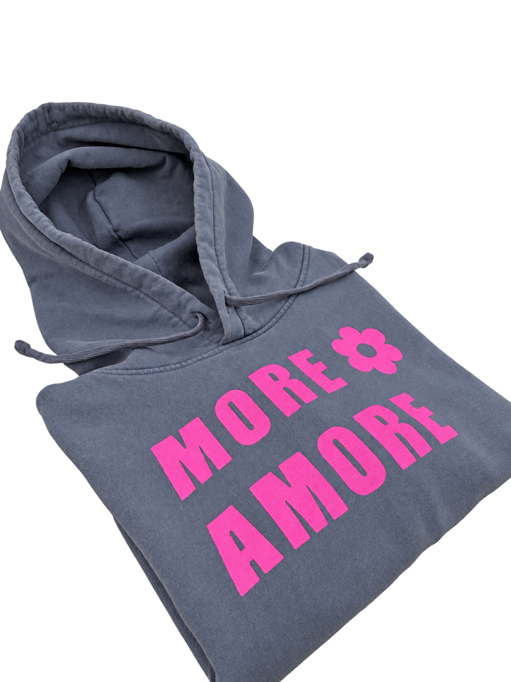 MORE AMORE Vintage Blue Pink Damen-Hoodie – Gefaltete Ansicht mit Frontprint