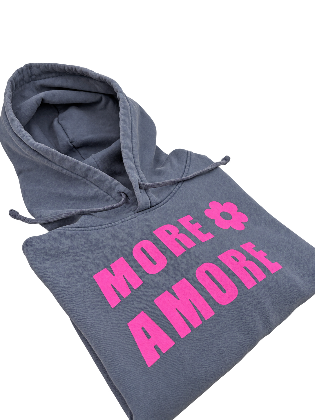 MORE AMORE Vintage Blue Pink Damen-Hoodie – Gefaltete Ansicht mit Frontprint
