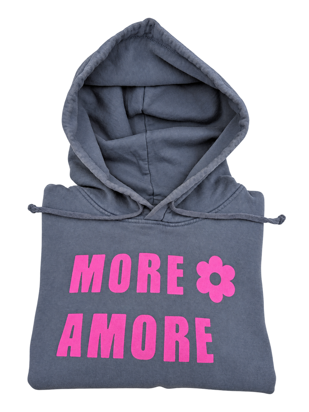 MORE AMORE Vintage Blue Pink Damen-Hoodie – Frontprint und Kapuzendetail