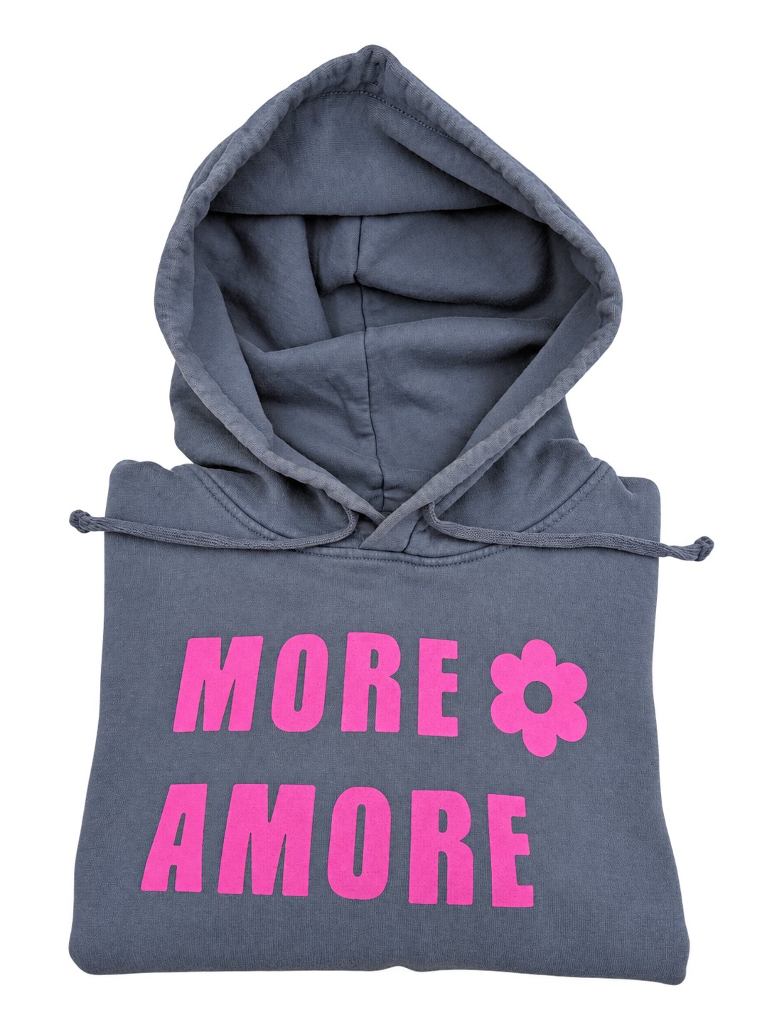 MORE AMORE Vintage Blue Pink Damen-Hoodie – Frontprint und Kapuzendetail