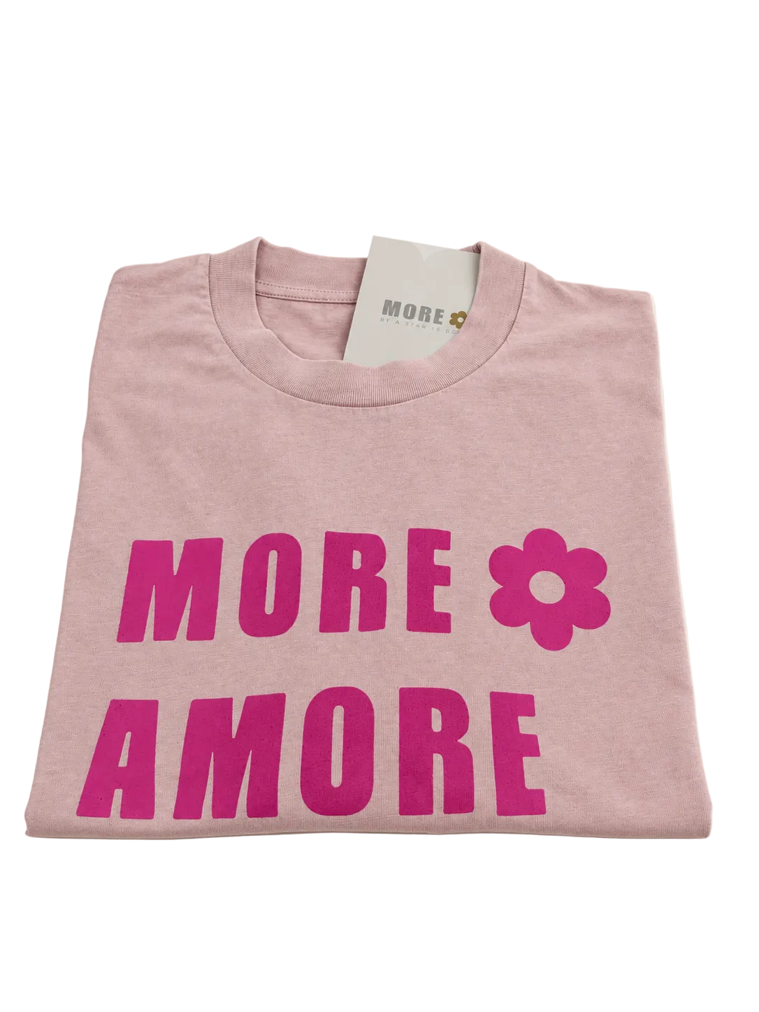 MORE AMORE Vintage Blush Cropped T-Shirt – gefaltete Vorderansicht mit Pink Frontprint