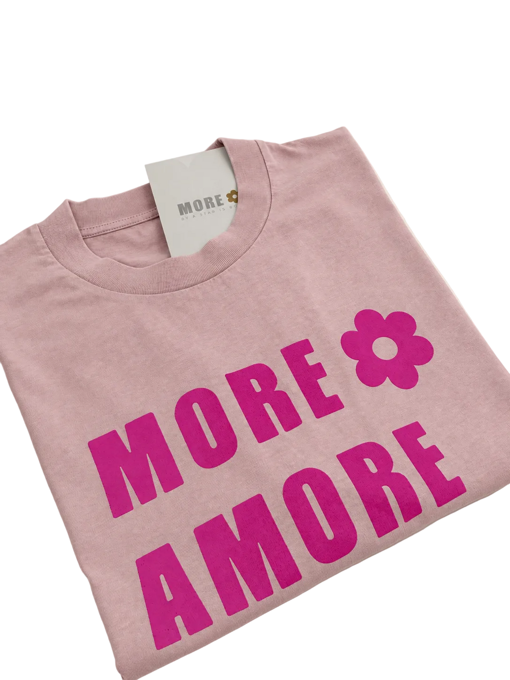 MORE AMORE Vintage Blush Cropped T-Shirt – gefalteter Pink Frontprint in Perspektive