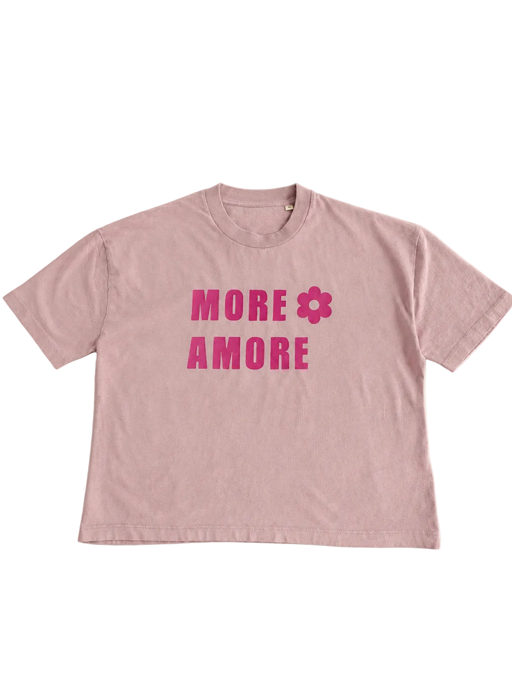 MORE AMORE Vintage Blush Cropped T-Shirt – Vorderansicht mit handgedrucktem Pink Frontprint