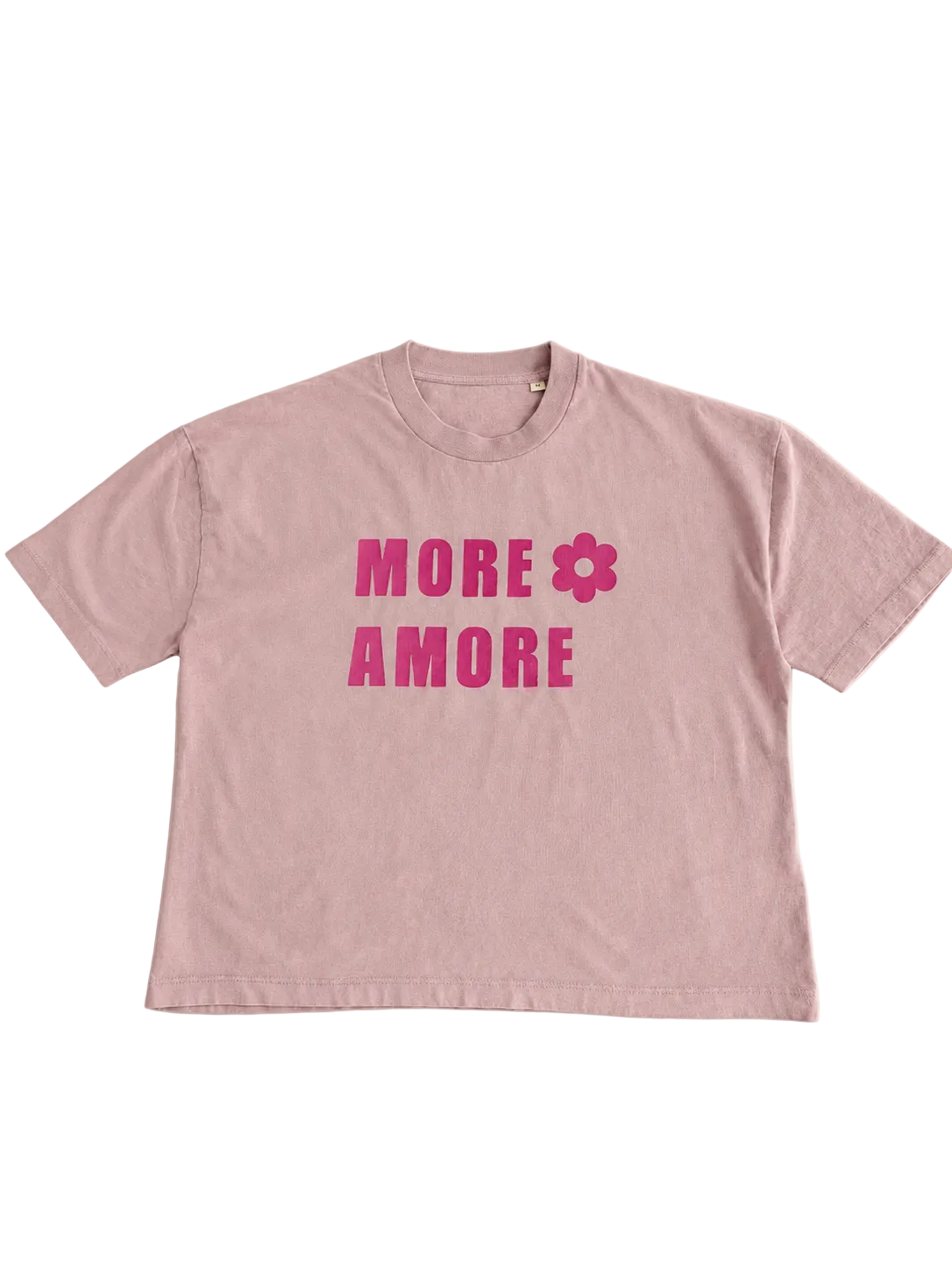 MORE AMORE Vintage Blush Cropped T-Shirt – Vorderansicht mit handgedrucktem Pink Frontprint