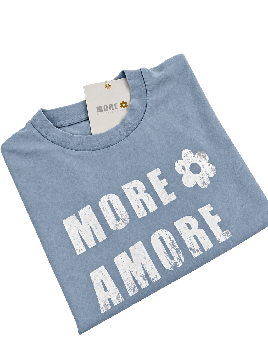 MORE AMORE Vintage Light Blue Cropped T-Shirt – gefaltete Vorderansicht aus schräger Perspektive