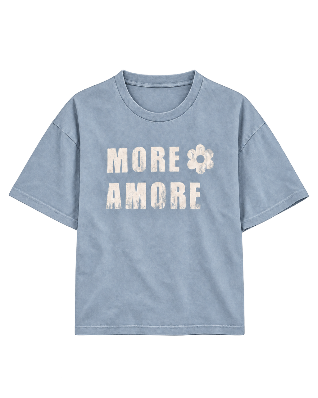 MORE AMORE Vintage Light Blue Cropped T-Shirt – vollständige Vorderansicht mit weißem handgedrucktem Frontprint