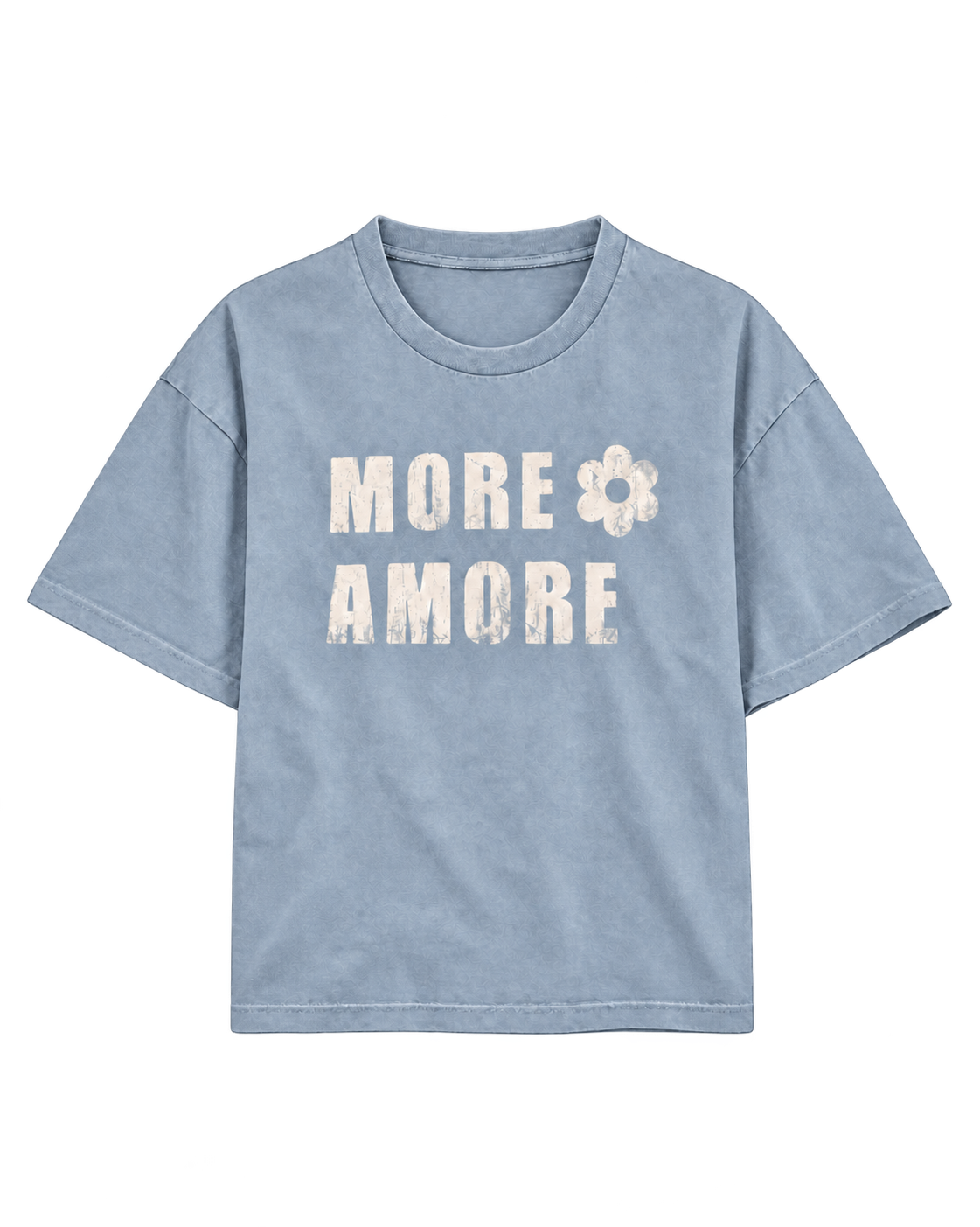 MORE AMORE Vintage Light Blue Cropped T-Shirt – vollständige Vorderansicht mit weißem handgedrucktem Frontprint