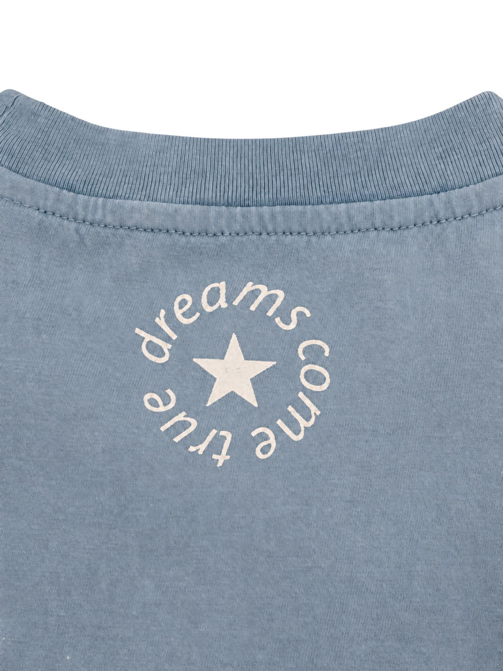 MORE AMORE Vintage Light Blue Cropped T-Shirt – Detail des weißen dreams come true Nackenprints