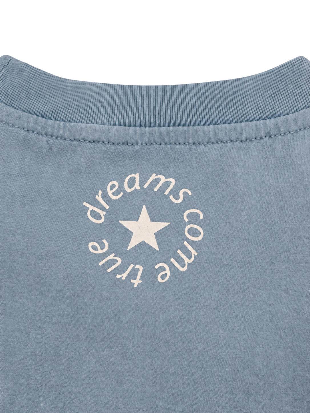 MORE AMORE Vintage Light Blue Cropped T-Shirt – Detail des weißen dreams come true Nackenprints