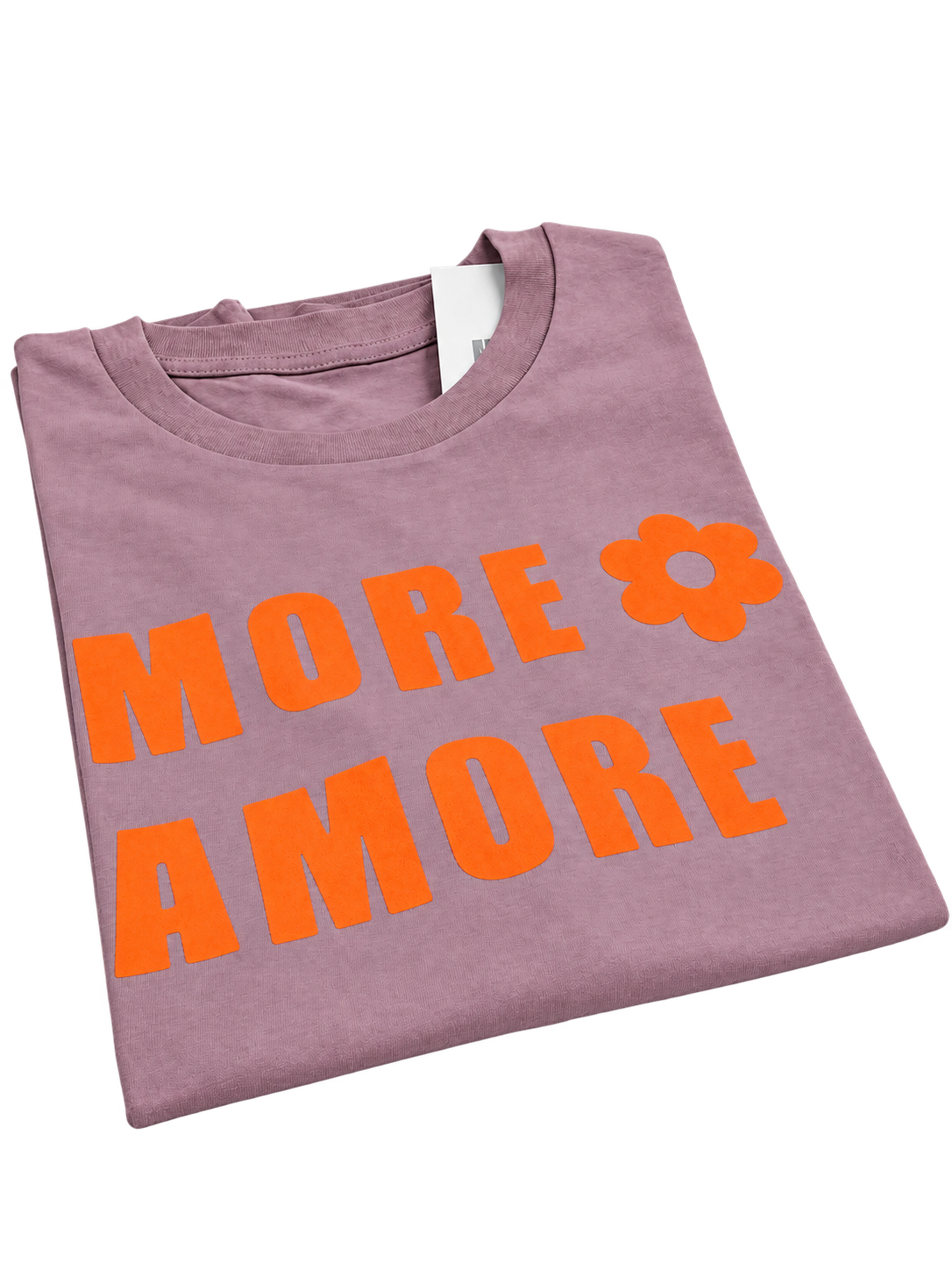 MORE AMORE Unisex T-Shirt in Vintage Mauve mit orangefarbenem Frontprint – erste Vorderansicht