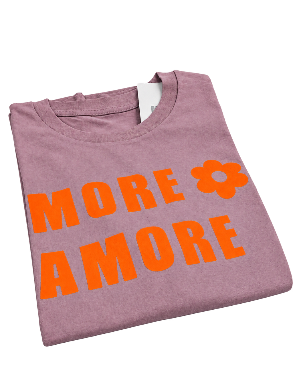 MORE AMORE Unisex T-Shirt in Vintage Mauve mit orangefarbenem Frontprint – zweite Vorderansicht