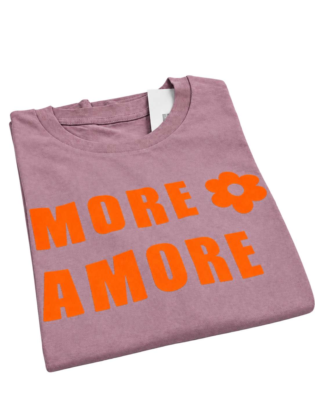 MORE AMORE Unisex T-Shirt in Vintage Mauve mit orangefarbenem Frontprint – zweite Vorderansicht