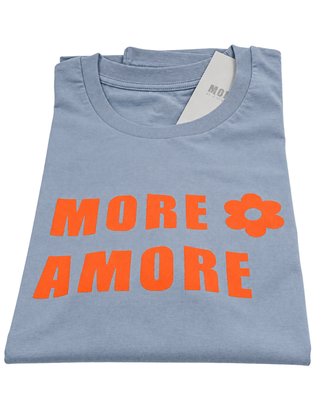 MORE AMORE Unisex T-Shirt in Vintage Sky Blue mit orangefarbenem Frontprint – Vorderansicht